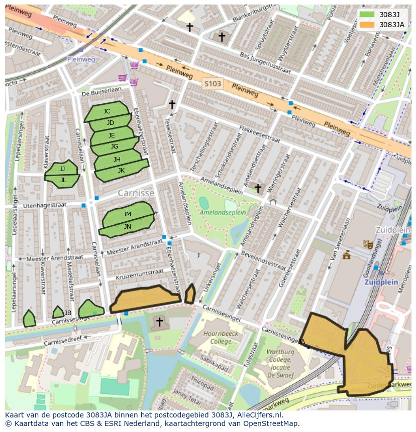 Afbeelding van het postcodegebied 3083 JA op de kaart.