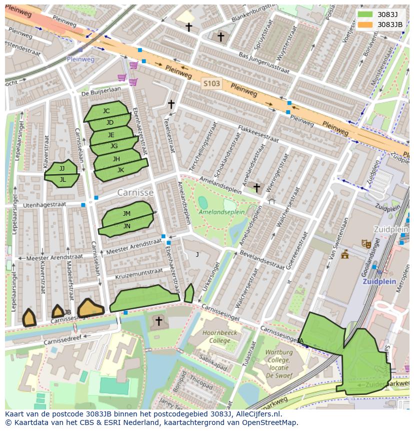 Afbeelding van het postcodegebied 3083 JB op de kaart.