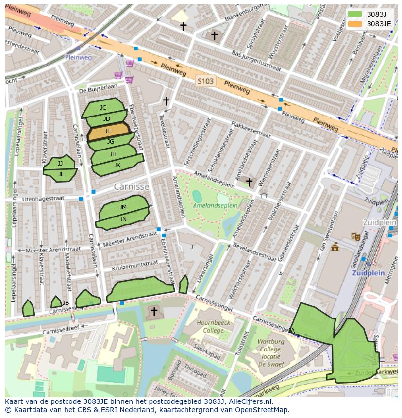 Afbeelding van het postcodegebied 3083 JE op de kaart.
