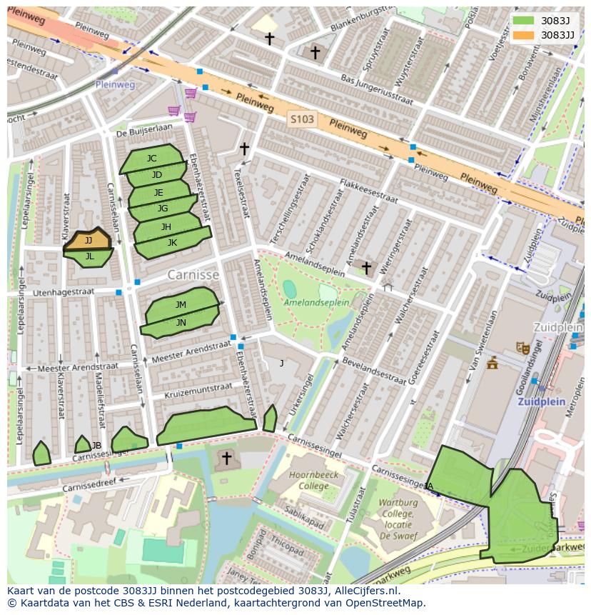 Afbeelding van het postcodegebied 3083 JJ op de kaart.
