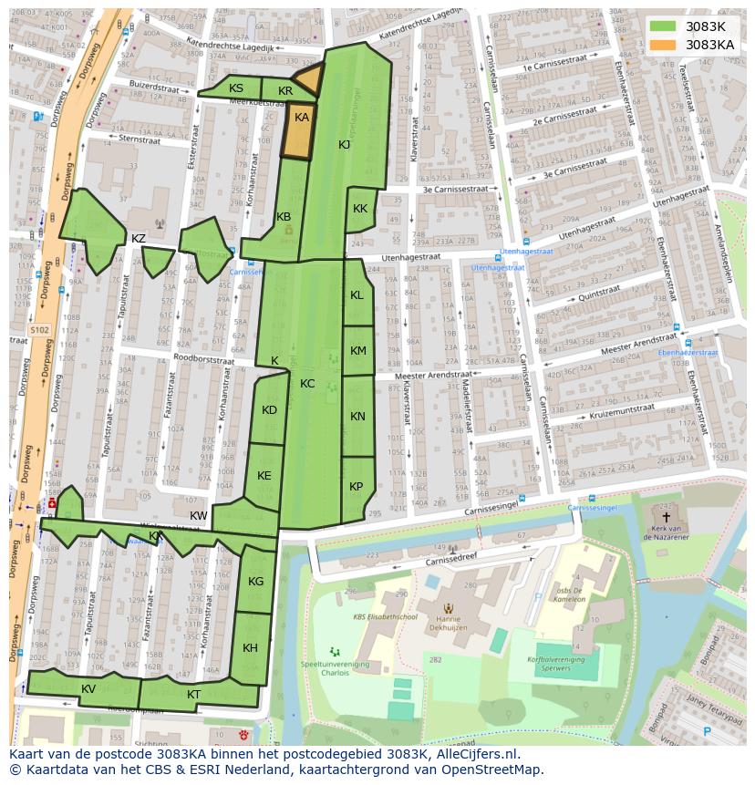 Afbeelding van het postcodegebied 3083 KA op de kaart.