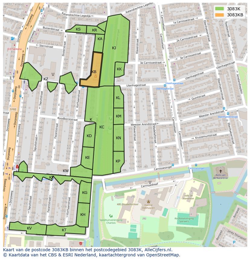 Afbeelding van het postcodegebied 3083 KB op de kaart.