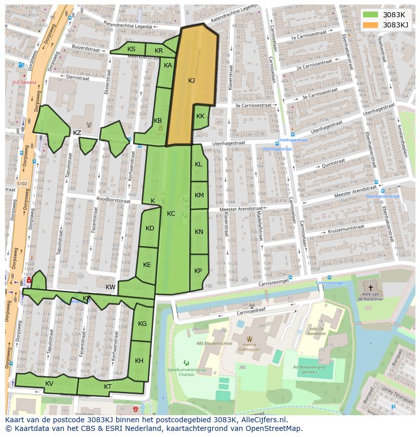 Afbeelding van het postcodegebied 3083 KJ op de kaart.