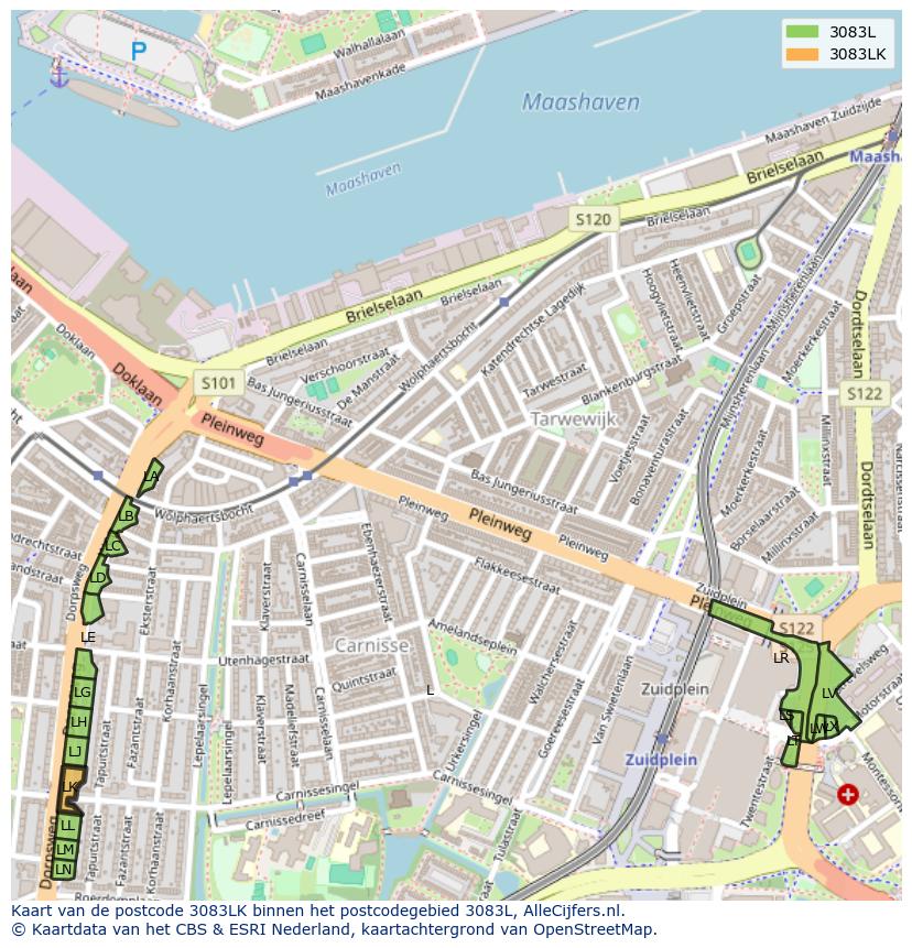 Afbeelding van het postcodegebied 3083 LK op de kaart.