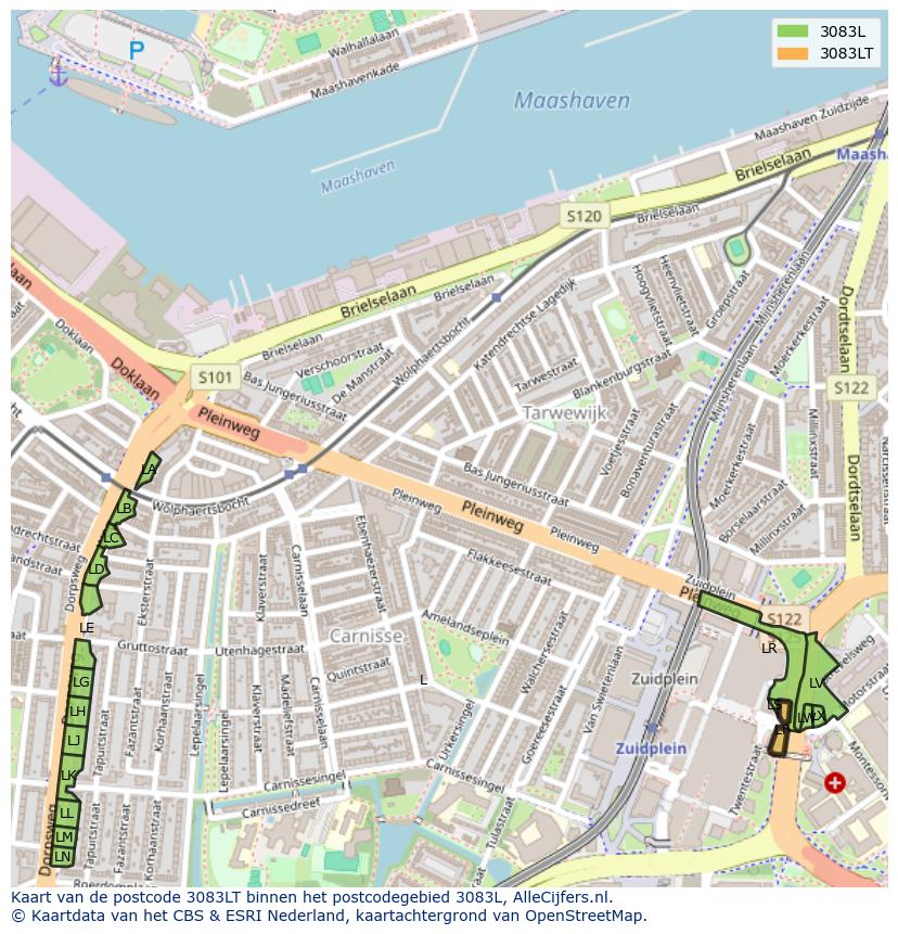 Afbeelding van het postcodegebied 3083 LT op de kaart.
