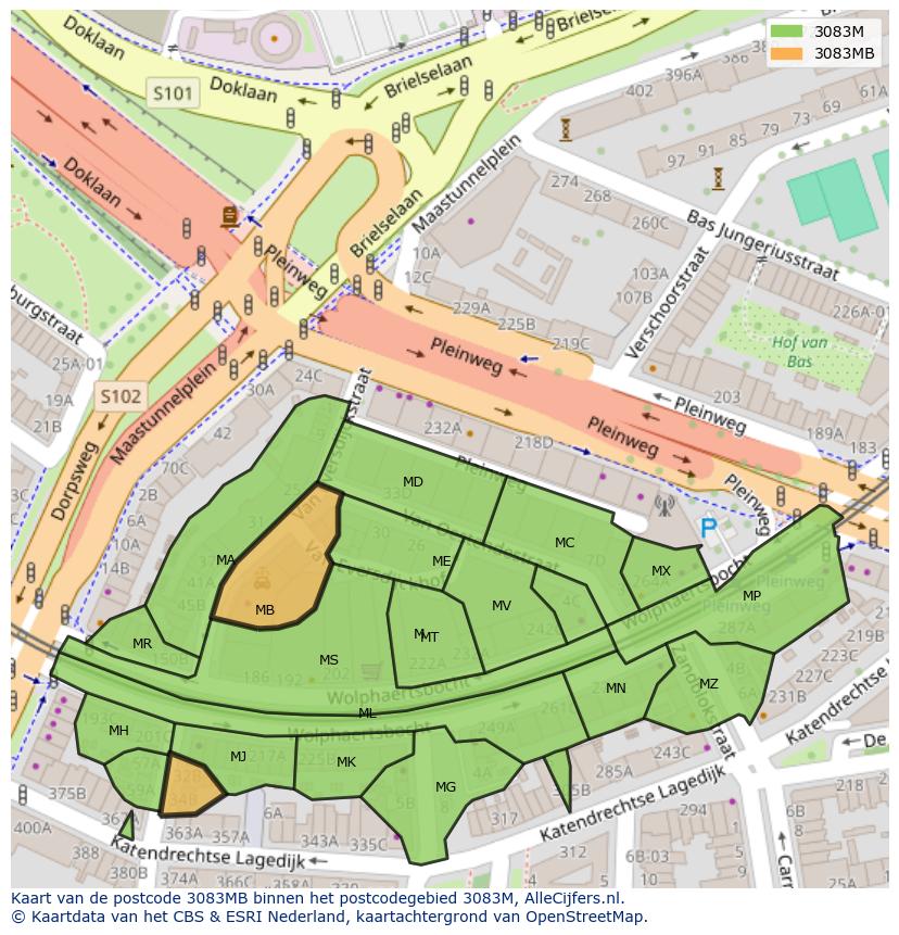 Afbeelding van het postcodegebied 3083 MB op de kaart.