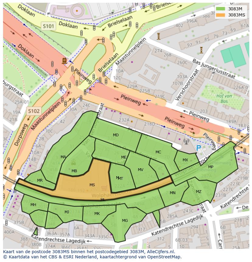 Afbeelding van het postcodegebied 3083 MS op de kaart.