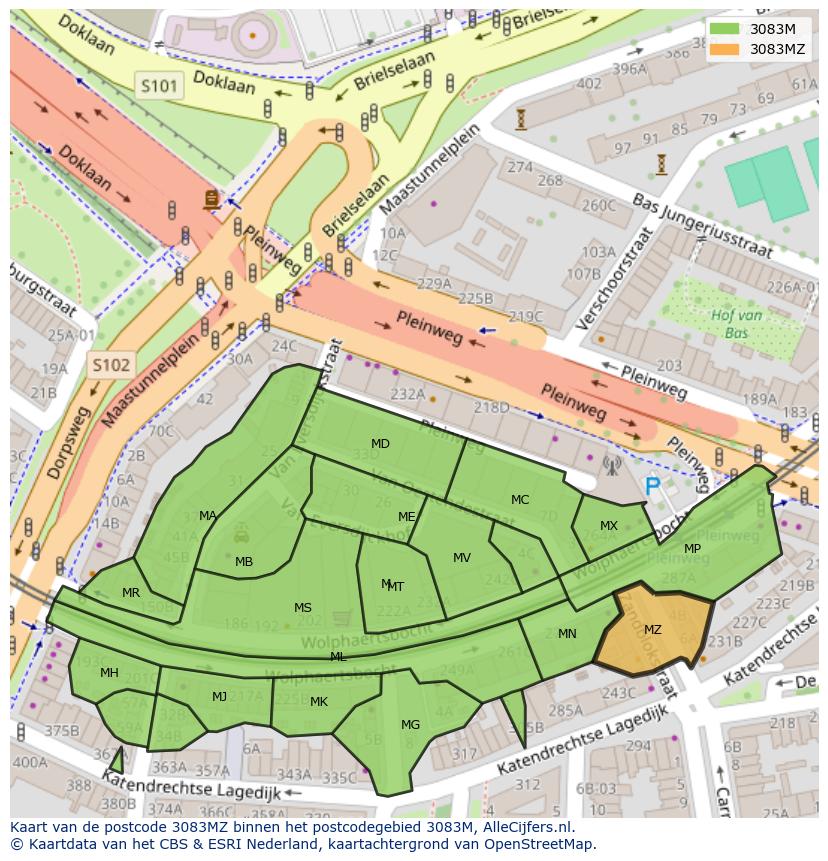 Afbeelding van het postcodegebied 3083 MZ op de kaart.