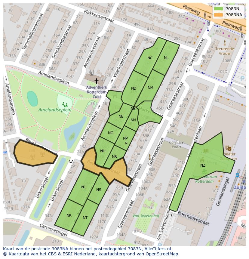Afbeelding van het postcodegebied 3083 NA op de kaart.