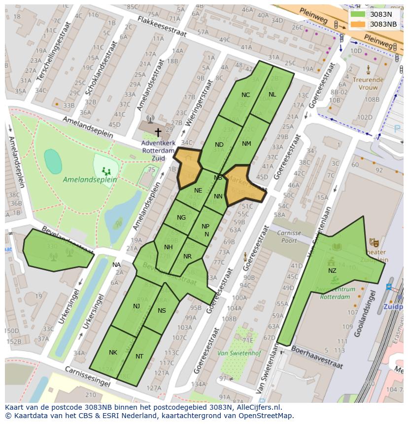 Afbeelding van het postcodegebied 3083 NB op de kaart.
