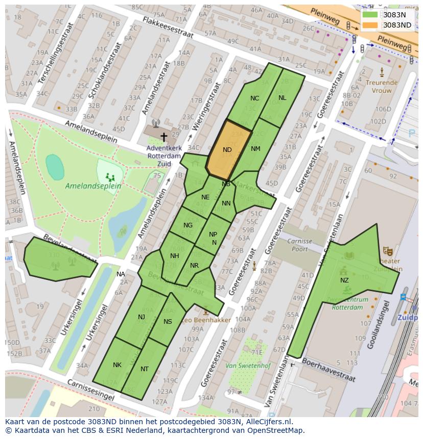 Afbeelding van het postcodegebied 3083 ND op de kaart.
