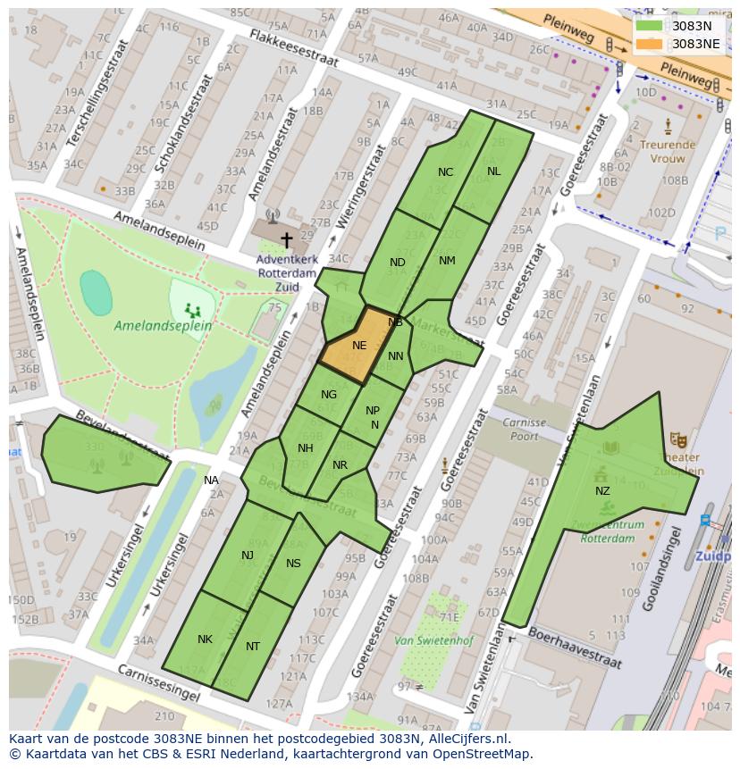 Afbeelding van het postcodegebied 3083 NE op de kaart.