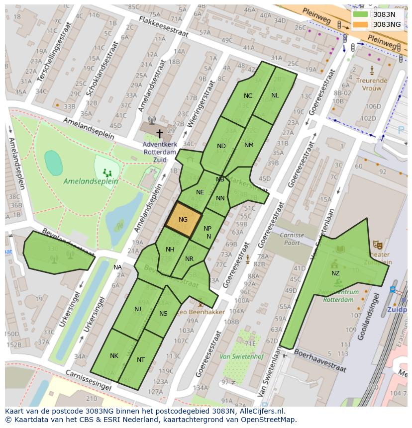 Afbeelding van het postcodegebied 3083 NG op de kaart.