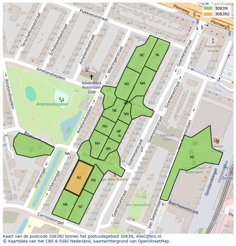 Afbeelding van het postcodegebied 3083 NJ op de kaart.