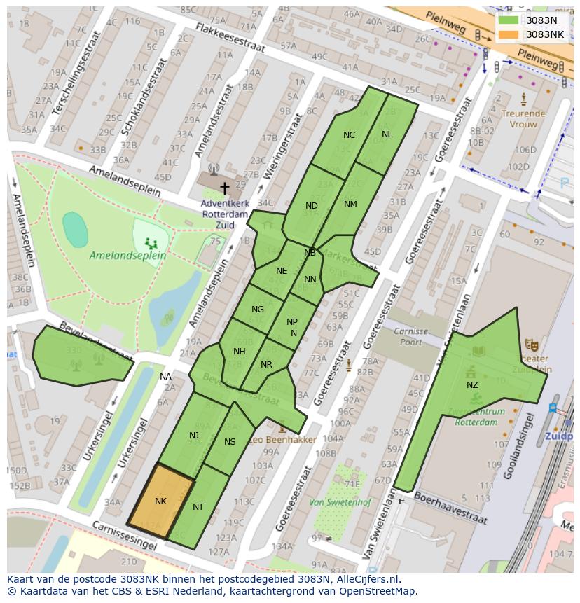 Afbeelding van het postcodegebied 3083 NK op de kaart.