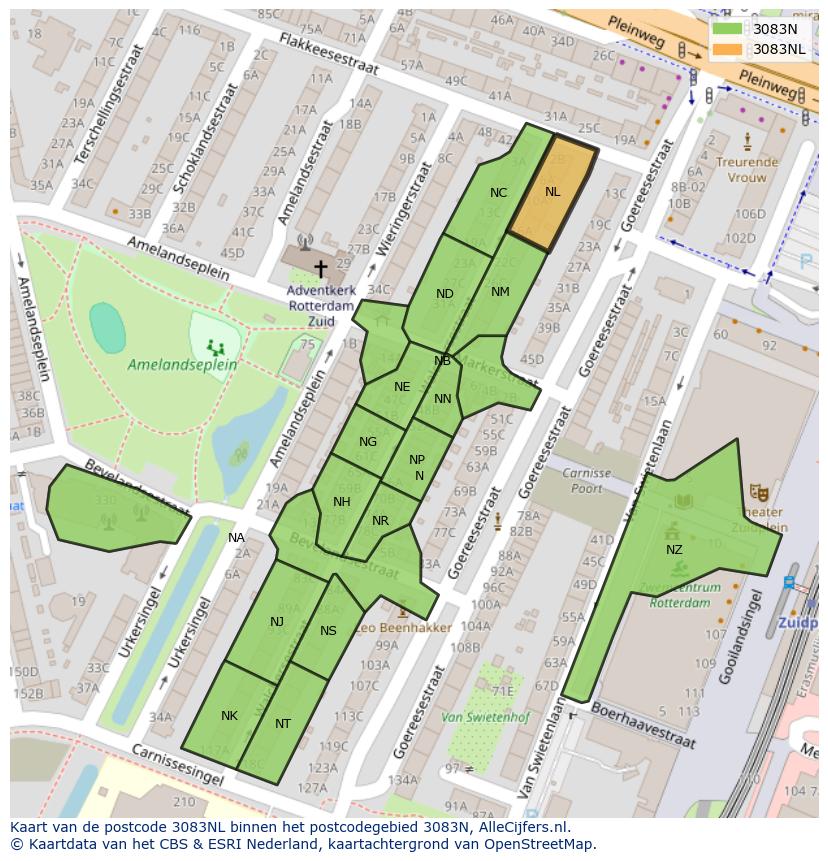 Afbeelding van het postcodegebied 3083 NL op de kaart.