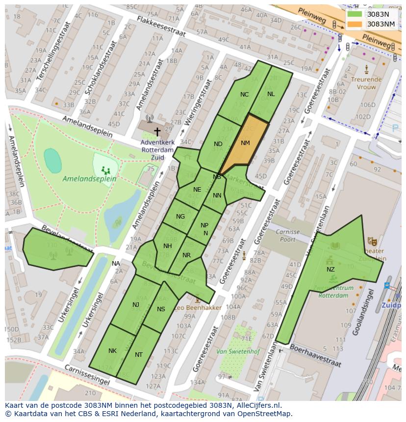 Afbeelding van het postcodegebied 3083 NM op de kaart.