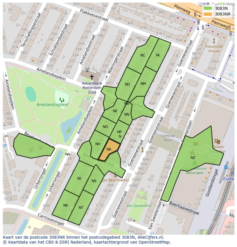 Afbeelding van het postcodegebied 3083 NR op de kaart.