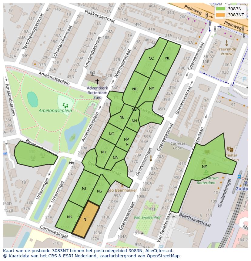 Afbeelding van het postcodegebied 3083 NT op de kaart.