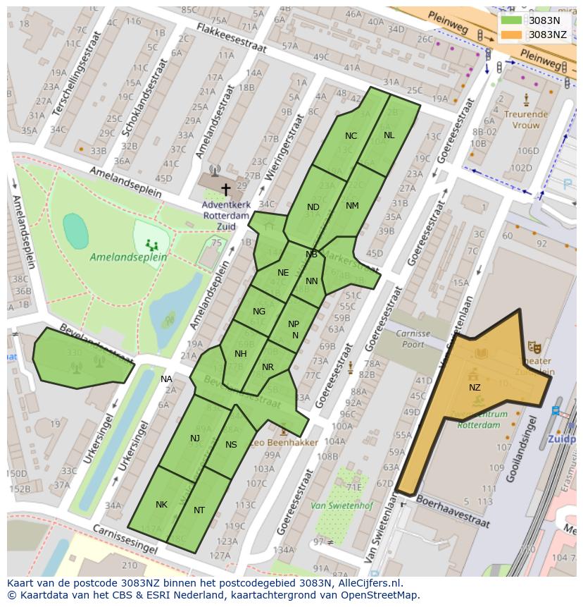 Afbeelding van het postcodegebied 3083 NZ op de kaart.