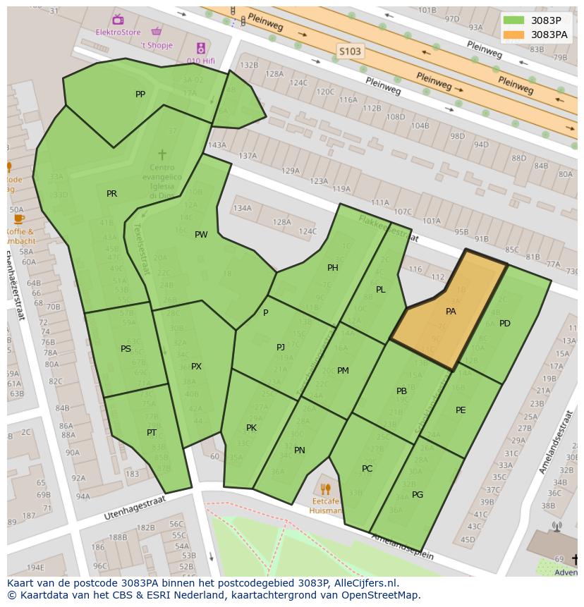 Afbeelding van het postcodegebied 3083 PA op de kaart.