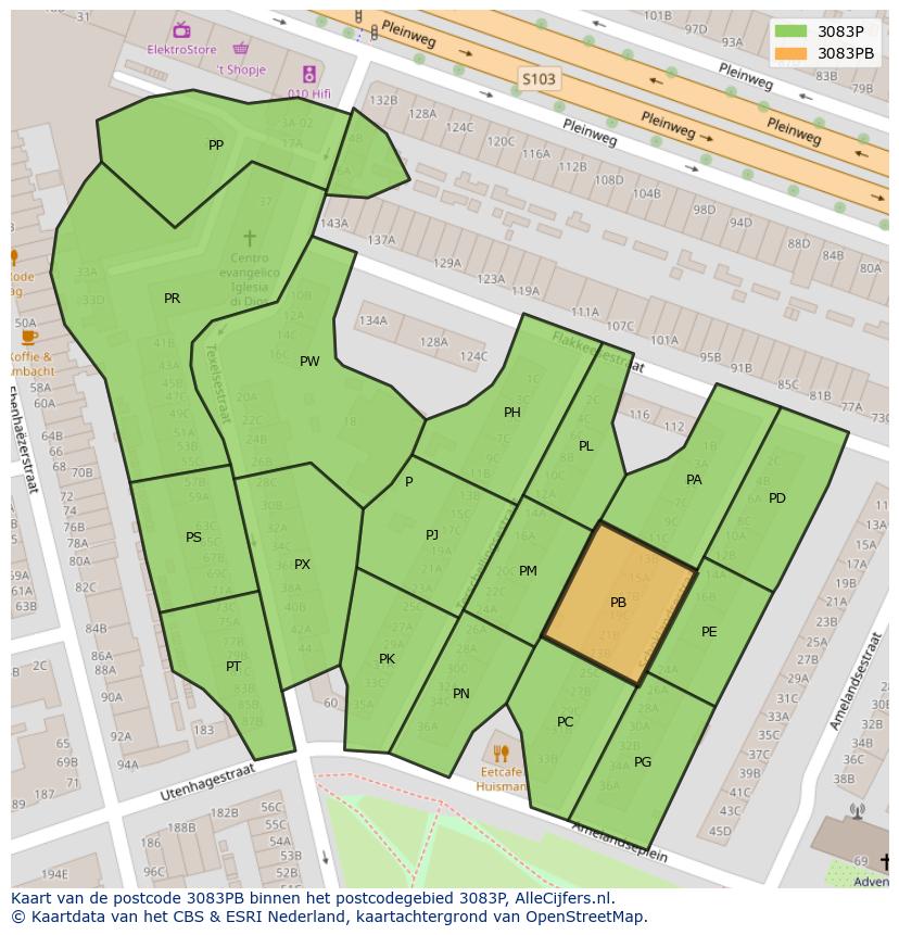 Afbeelding van het postcodegebied 3083 PB op de kaart.