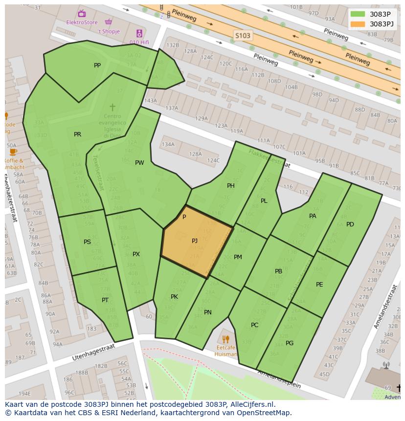 Afbeelding van het postcodegebied 3083 PJ op de kaart.