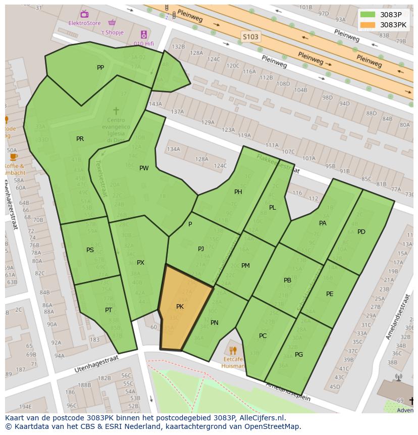 Afbeelding van het postcodegebied 3083 PK op de kaart.