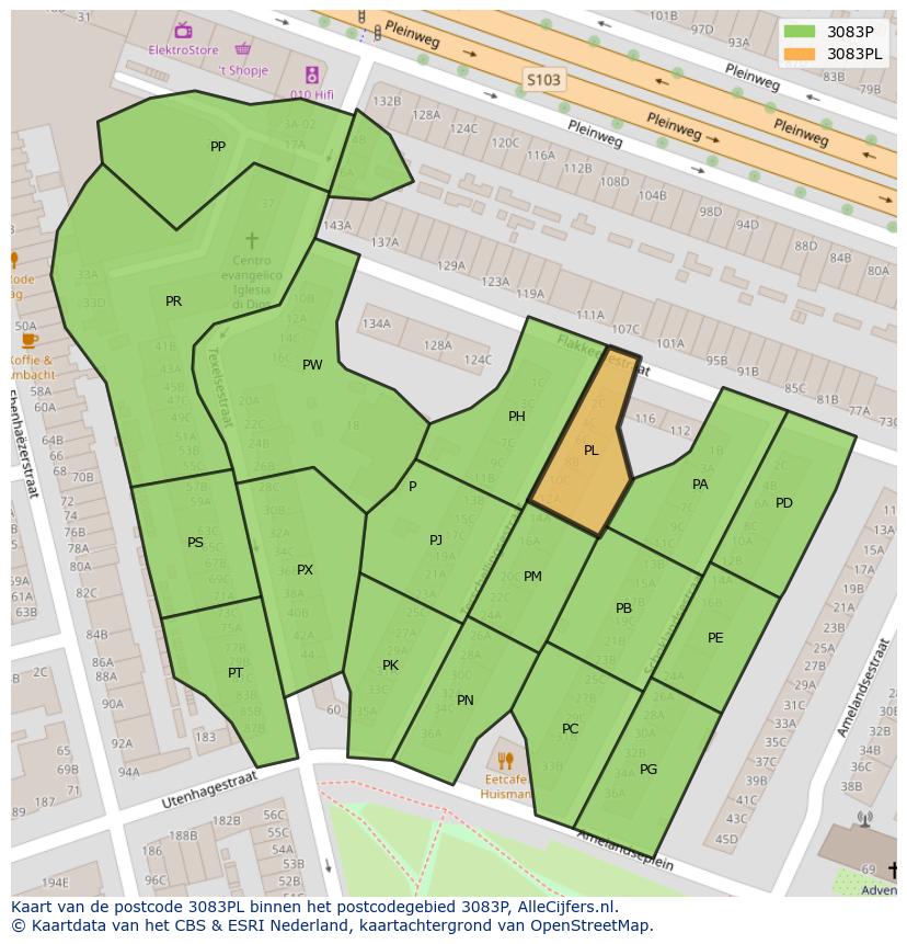 Afbeelding van het postcodegebied 3083 PL op de kaart.