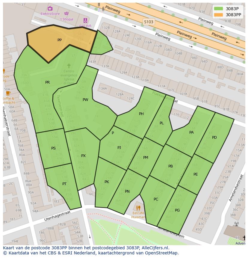 Afbeelding van het postcodegebied 3083 PP op de kaart.