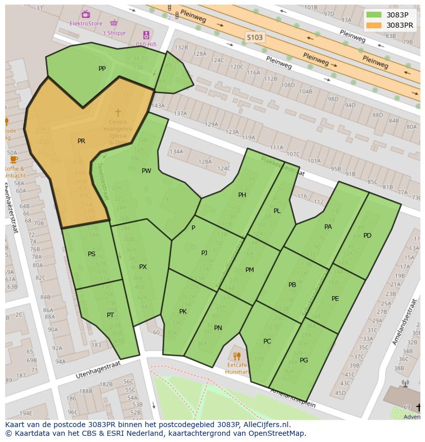 Afbeelding van het postcodegebied 3083 PR op de kaart.