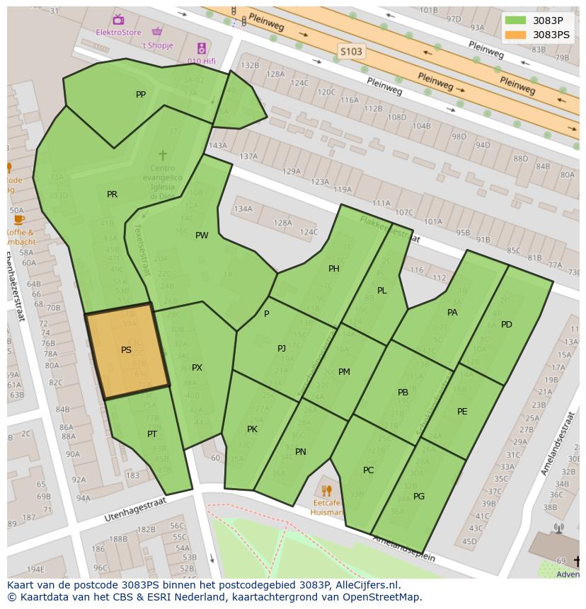 Afbeelding van het postcodegebied 3083 PS op de kaart.
