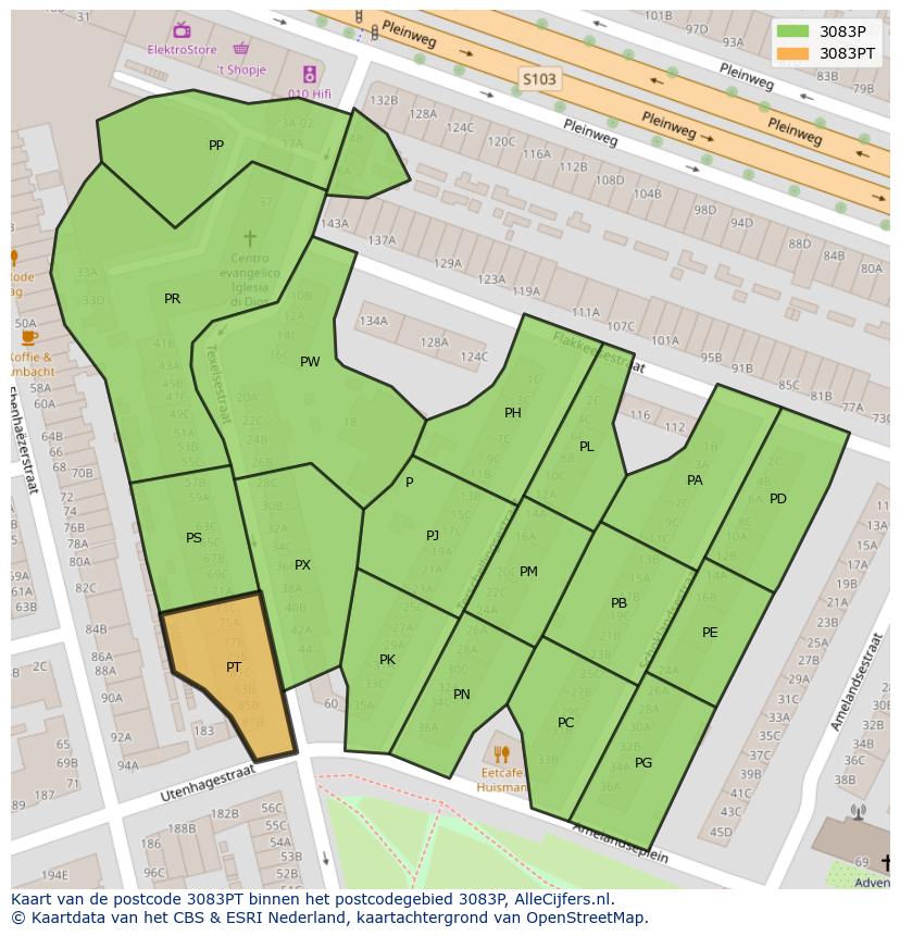 Afbeelding van het postcodegebied 3083 PT op de kaart.