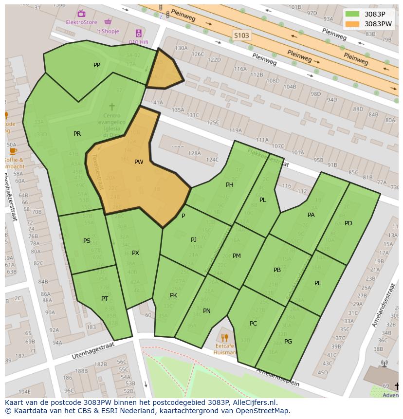 Afbeelding van het postcodegebied 3083 PW op de kaart.