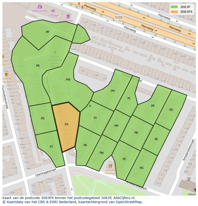 Afbeelding van het postcodegebied 3083 PX op de kaart.