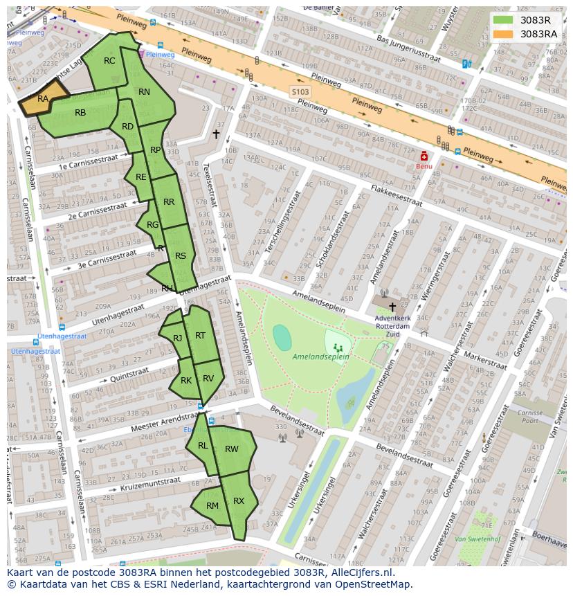 Afbeelding van het postcodegebied 3083 RA op de kaart.