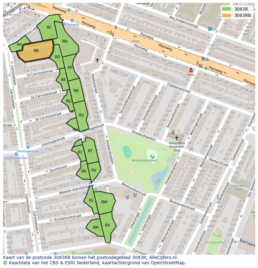 Afbeelding van het postcodegebied 3083 RB op de kaart.