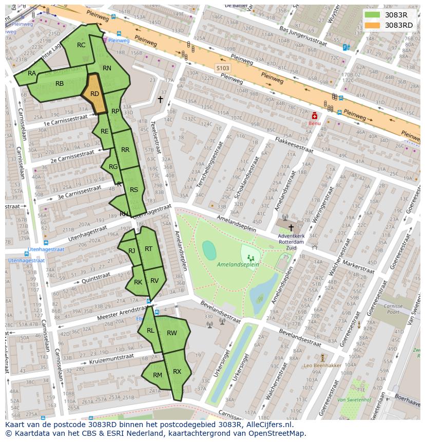 Afbeelding van het postcodegebied 3083 RD op de kaart.