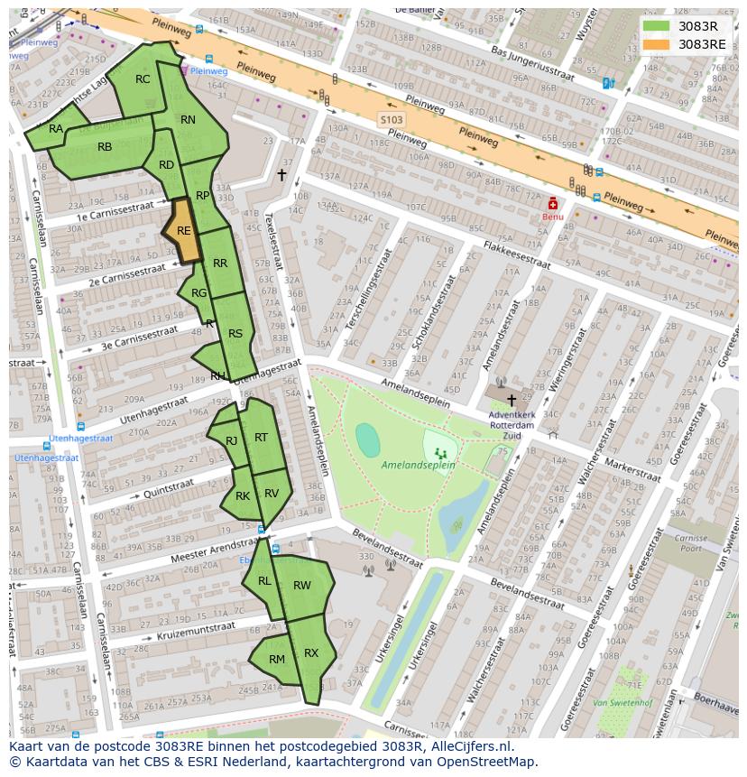 Afbeelding van het postcodegebied 3083 RE op de kaart.