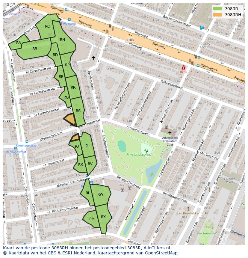 Afbeelding van het postcodegebied 3083 RH op de kaart.