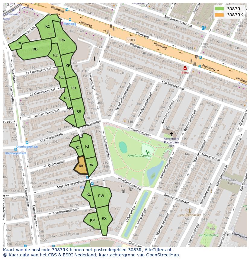 Afbeelding van het postcodegebied 3083 RK op de kaart.