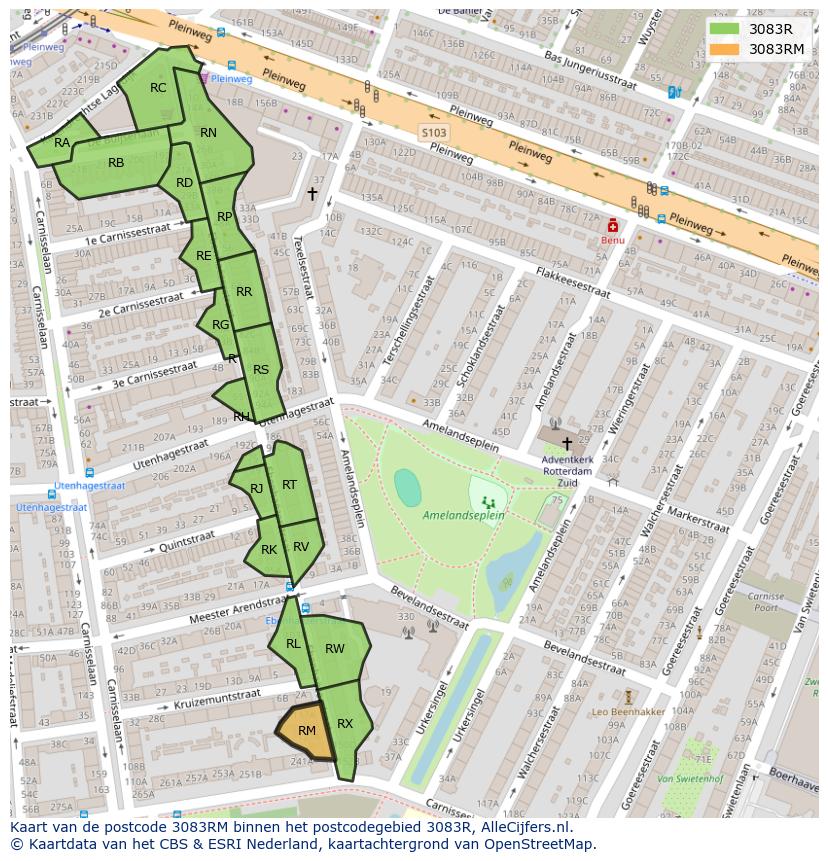 Afbeelding van het postcodegebied 3083 RM op de kaart.