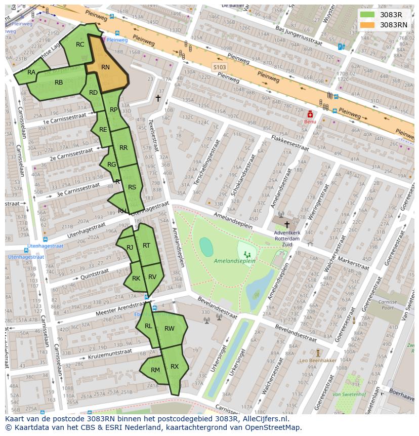 Afbeelding van het postcodegebied 3083 RN op de kaart.