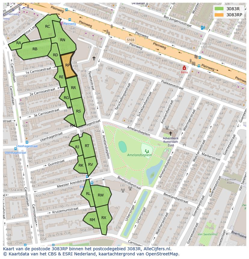 Afbeelding van het postcodegebied 3083 RP op de kaart.