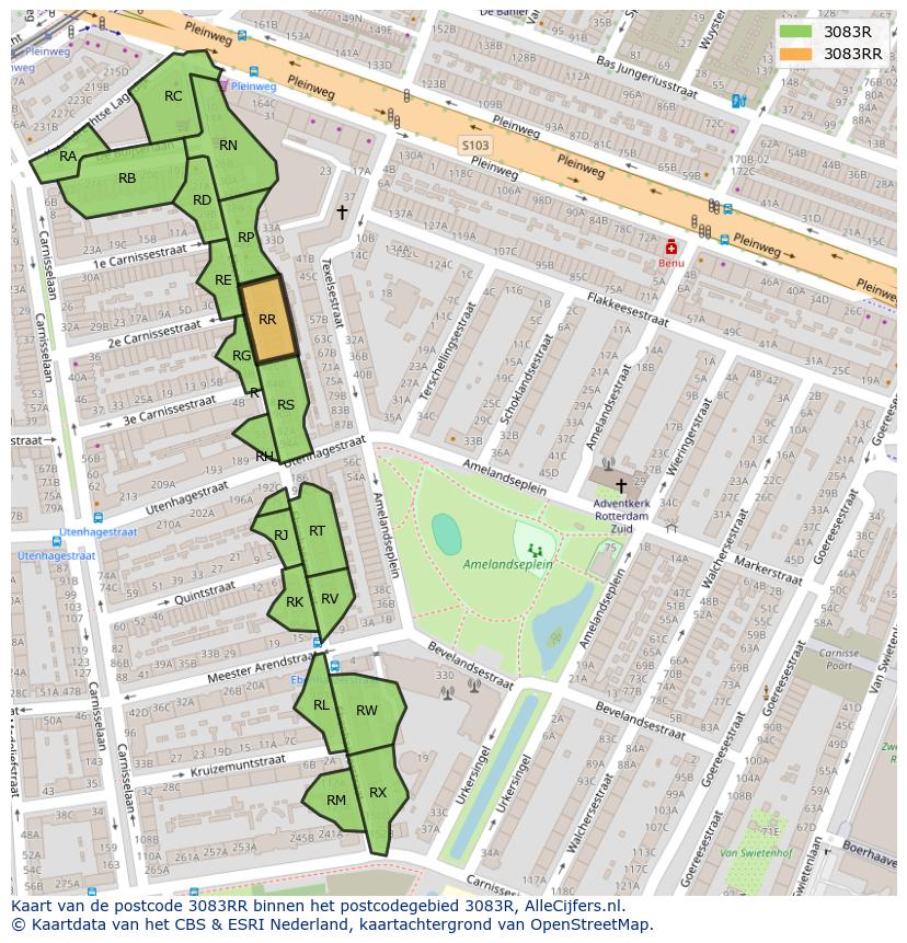 Afbeelding van het postcodegebied 3083 RR op de kaart.