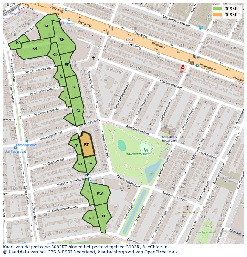 Afbeelding van het postcodegebied 3083 RT op de kaart.