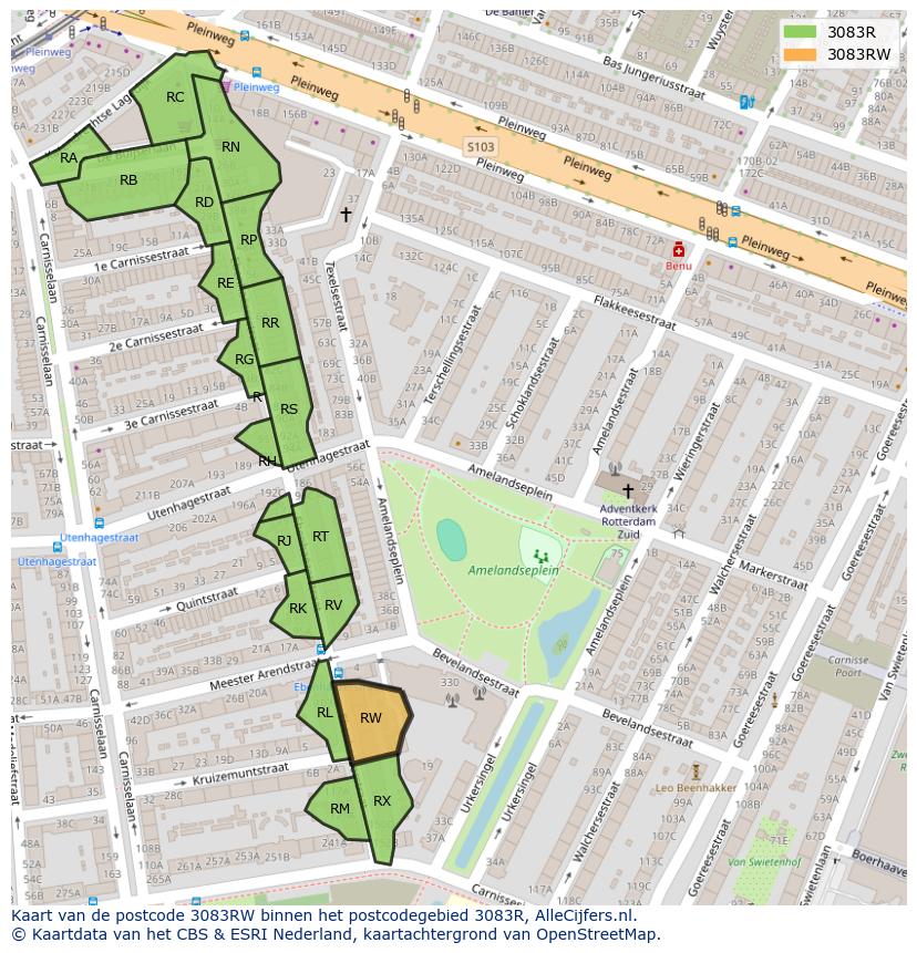 Afbeelding van het postcodegebied 3083 RW op de kaart.