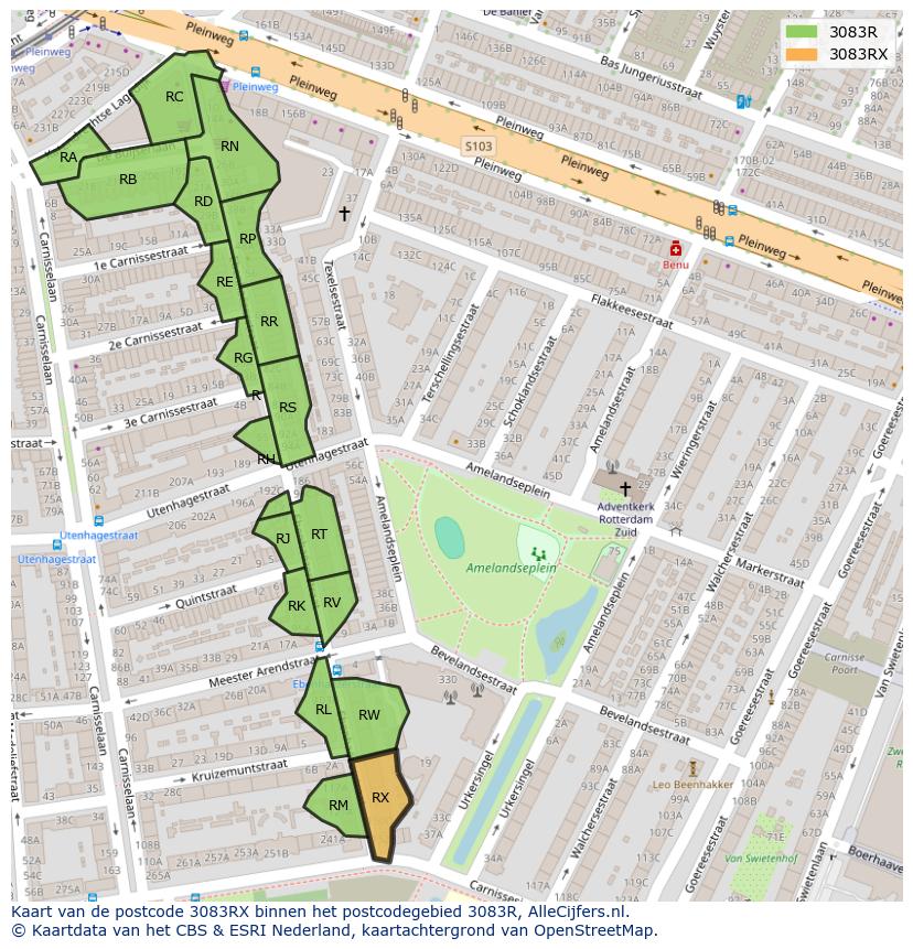 Afbeelding van het postcodegebied 3083 RX op de kaart.