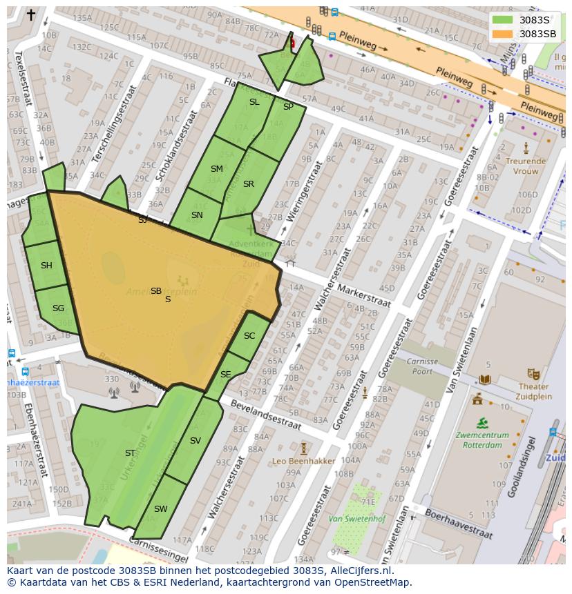 Afbeelding van het postcodegebied 3083 SB op de kaart.