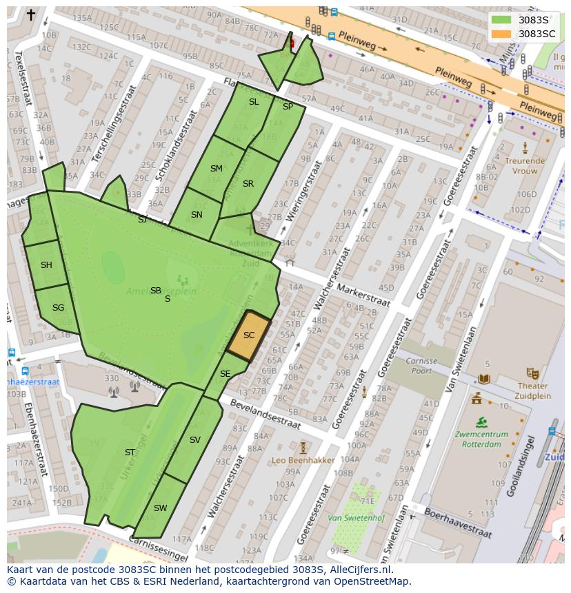 Afbeelding van het postcodegebied 3083 SC op de kaart.